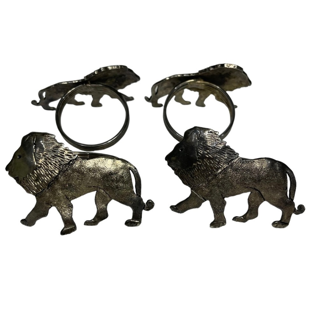 Stainless Steel Lion Napkin Rings Holders Safari Jungle Animals Vintage Set of 4
